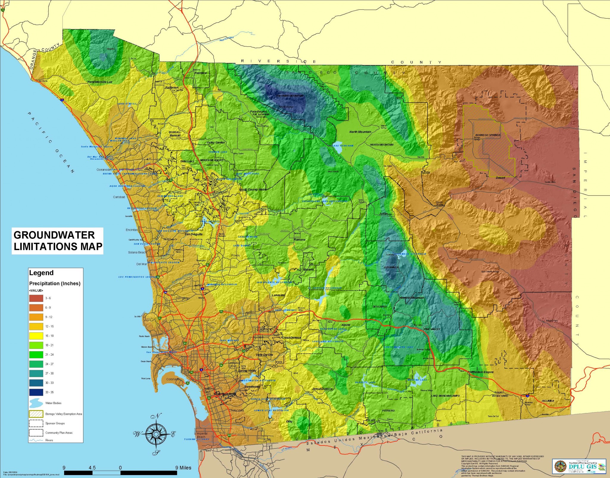 Groundwater Limitations / Precipitation Map, San Diego County