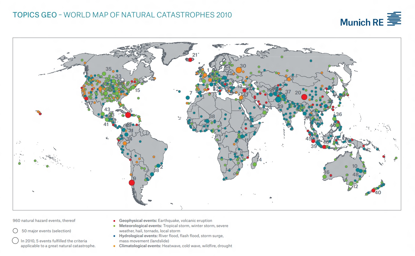 World map of natural catastrophes for 2010 World map of natural catastrophes for 2010