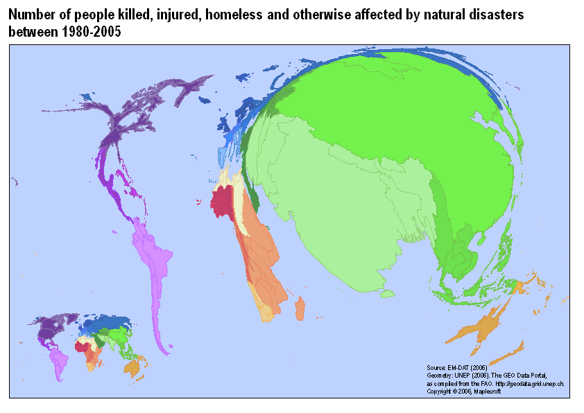 Number of people killed, injured, homeless and otherwise affected by natural disasters between 1980-2005 Number of people killed, injured, homeless and otherwise affected by natural disasters between 1980-2005