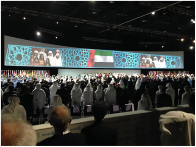 Everyone stands as Sheik Khalifa bin Zayed Al Nahyan, President of the UAE, enters the World Future Energy Summit on January 20. Everyone stands as Sheik Khalifa bin Zayed Al Nahyan, President of the UAE, enters the World Future Energy Summit on January 20.