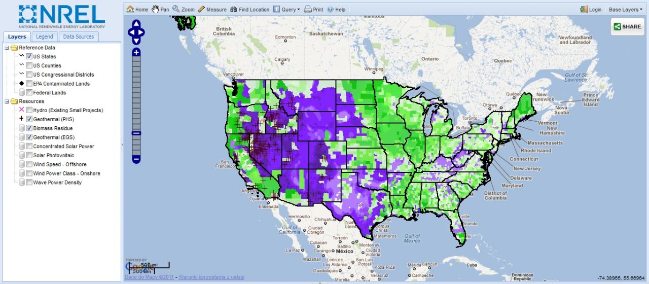 A new geospatial application developed by the U.S. Department of Energy's National Renewable Energy Laboratory (NREL) allows users to easily and accurately map potential renewable energy resources in the United States. A new geospatial application developed by the U.S. Department of Energy's Nation