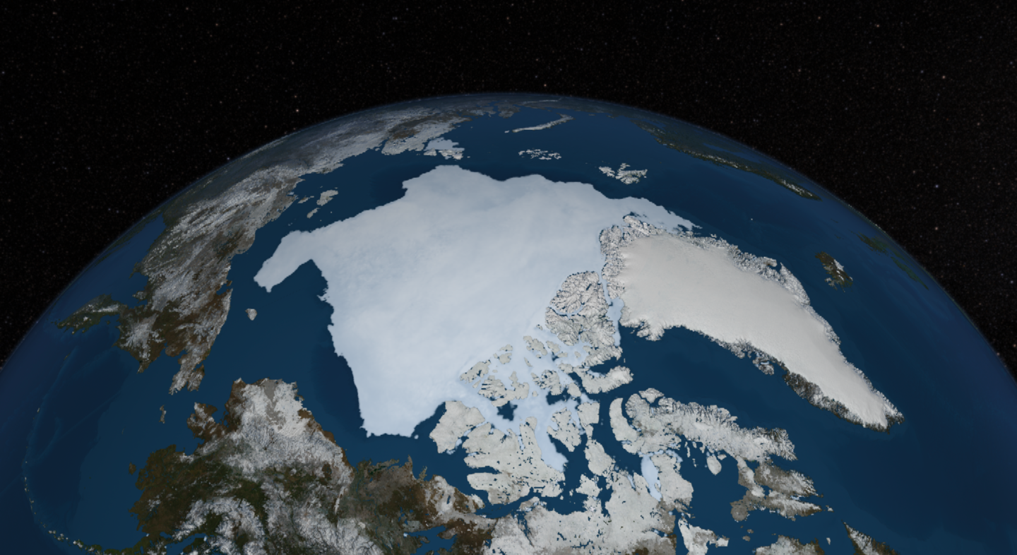 Arctic sea ice on September 13, 2013, as measured by satellite microwave sensors and arrayed on NASA’s cloudless Blue Marble satellite imagery. How many years does it have left? (NASA) Arctic sea ice on September 13, 2013, as measured by satellite microwave sensors and arrayed on NASA’s cloudless Blue Marble satellite imagery. How many years does it have left? (NASA)