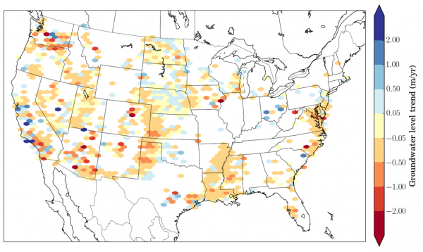 Trends in groundwater levels observed between 1949 and 2009. Negative (red/orange) indicates decline in groundwater level, while positive (blue) indicates a rise in groundwater level. Source: Columbia Water Center Trends in groundwater levels observed between 1949 and 2009. Negative (red/orange) indicates decline in groundwater level, while positive (blue) indicates a rise in groundwater level. Source: Columbia Water Center