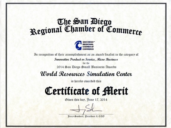 San Diego Regional Chamber of Commerce SimCenter Certificate of Merit Awards